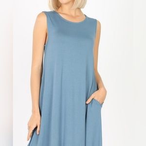 Zenana Premium Steel Blue Comfy Flowy Sleeveless Soft Knit Mini Dress Lounging S
